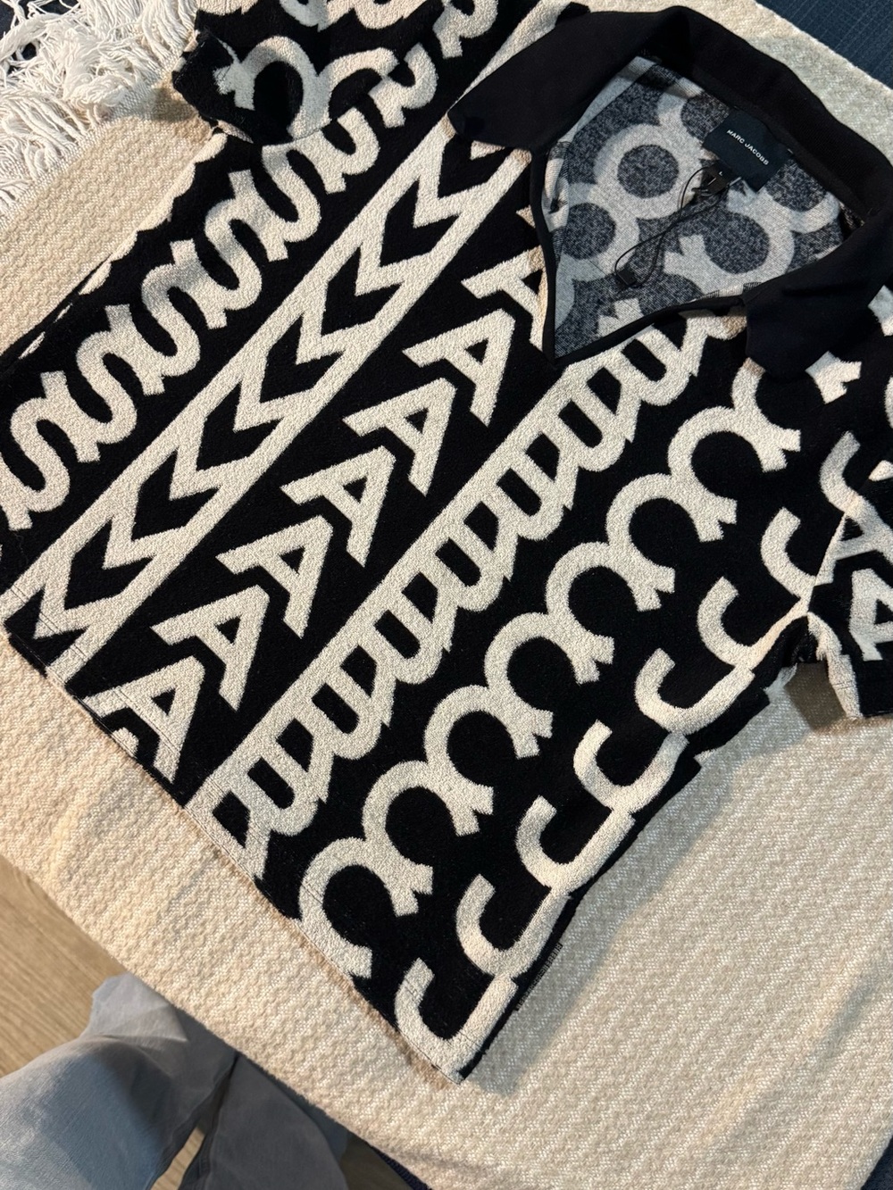 Marc Jacobs Black & White Geometric V-Neck Polo Sweater